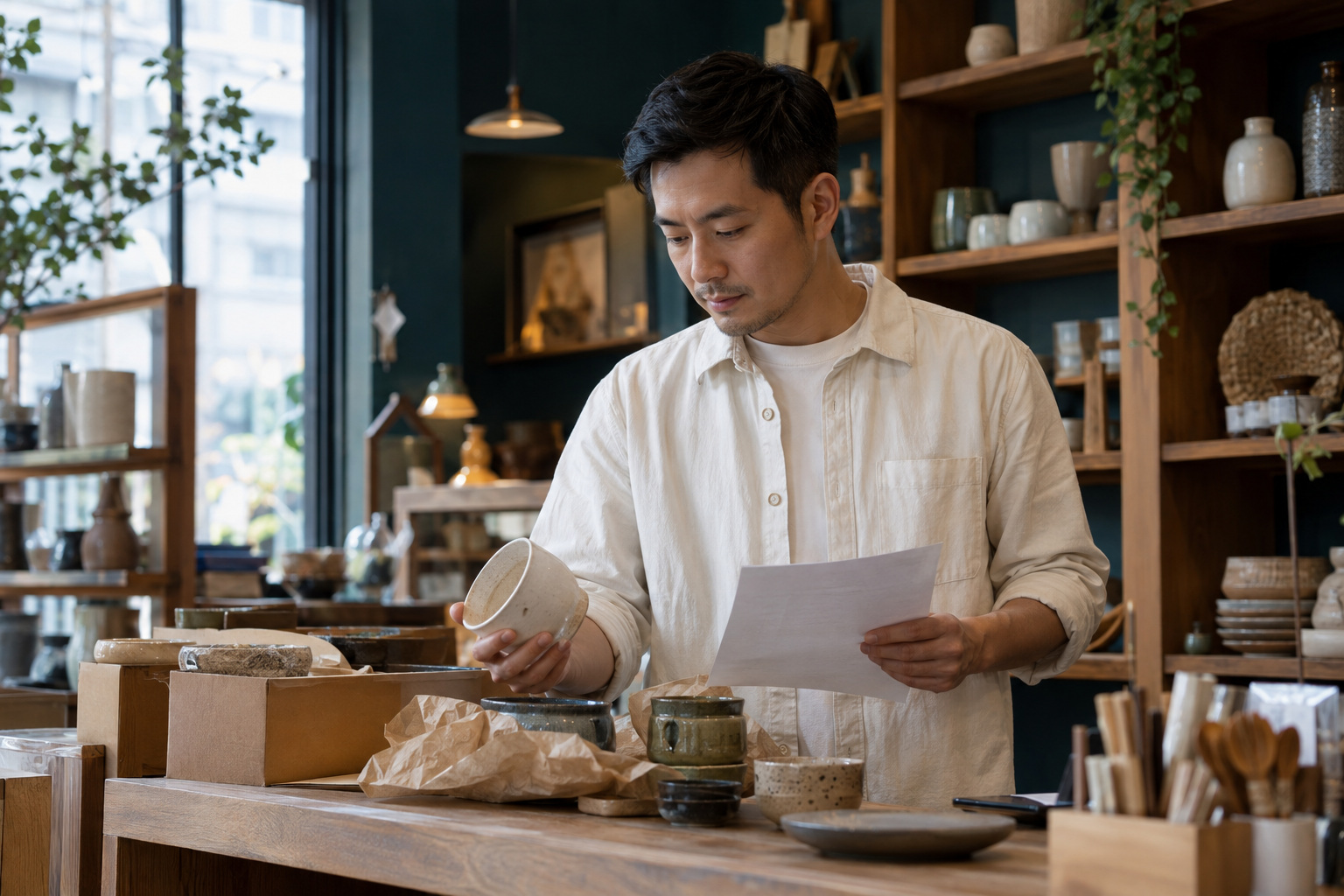 A retail owner checking a delivery at her counter.