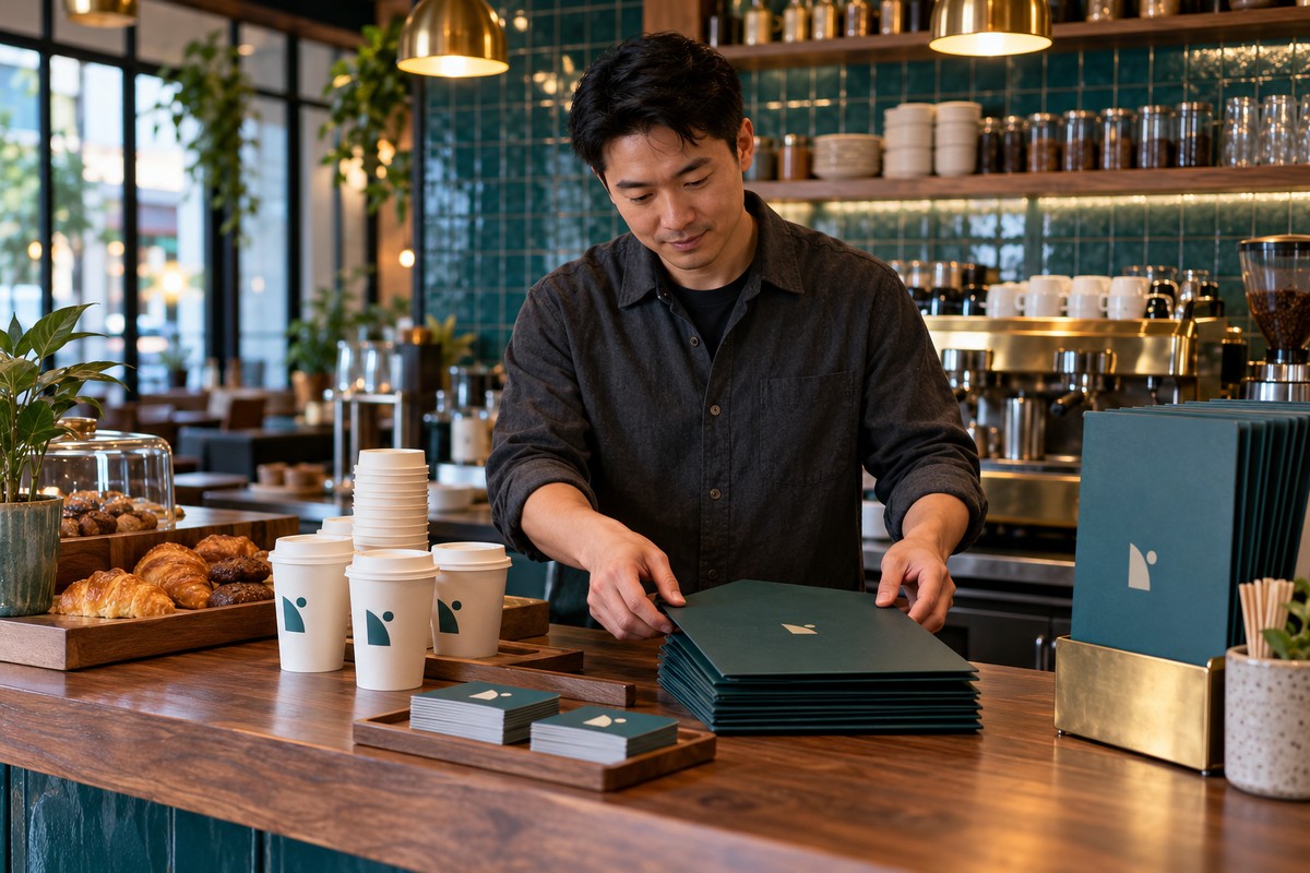 Cafe owner arranging coordinated menus, cups and loyalty cards