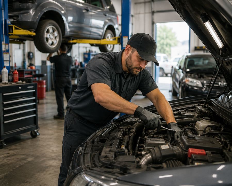 Technician working in a local auto service shop