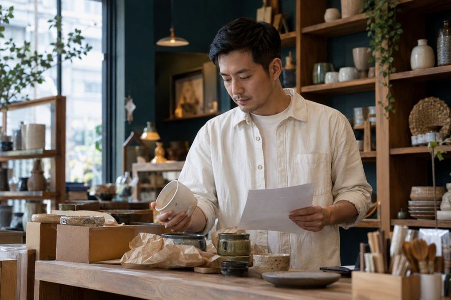 Independent retailer at a ceramics shop counter